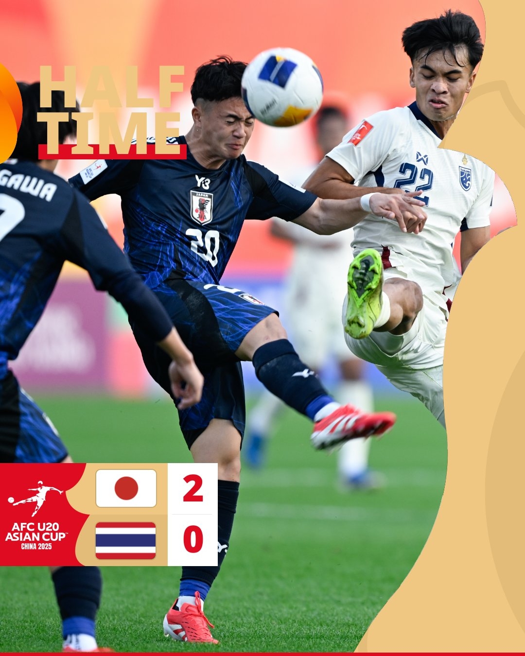  半場-日本U20 2-0領先泰國U20，石井久繼破門+中柱 泰國0射正