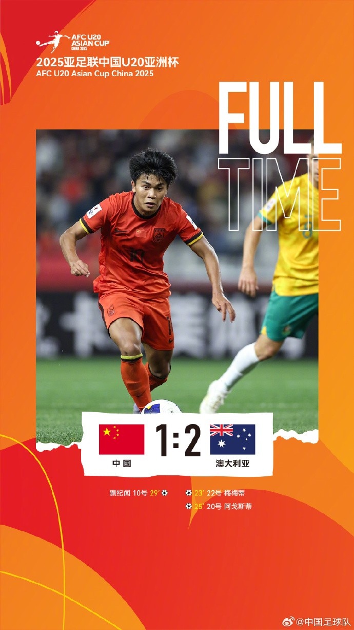  U20亞洲杯小組賽A組第三輪，中國(guó)隊(duì)1比2負(fù)于澳大利亞隊(duì)