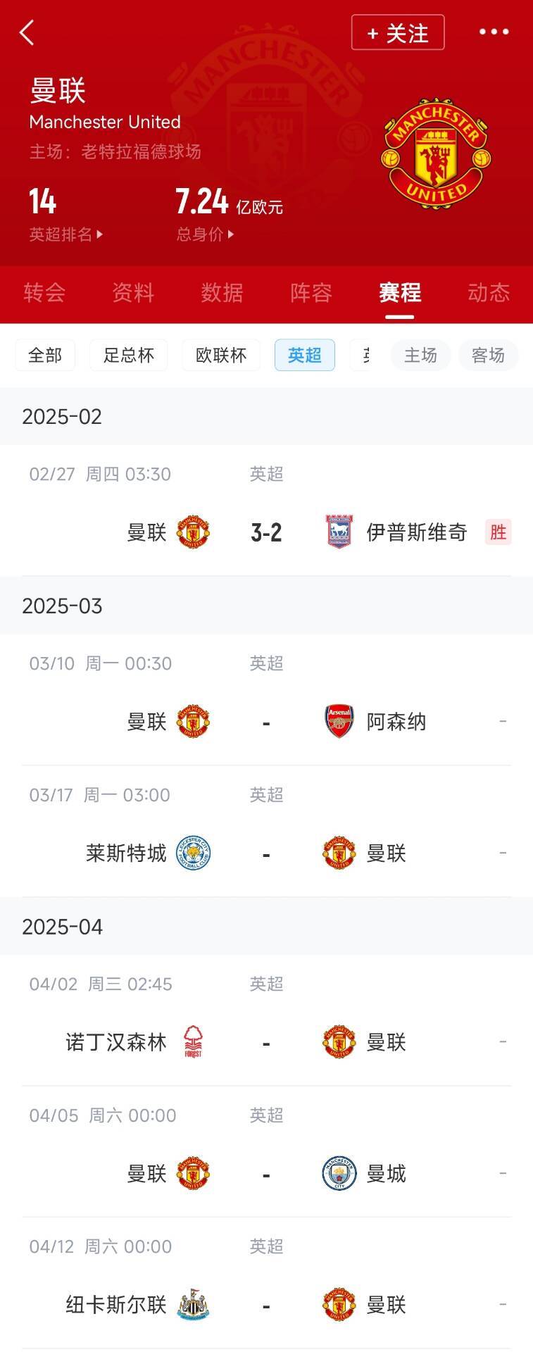  藍(lán)狐救一下？曼聯(lián)未來(lái)5輪將遭遇英超2/3/4/6名：槍手森林曼城紐卡