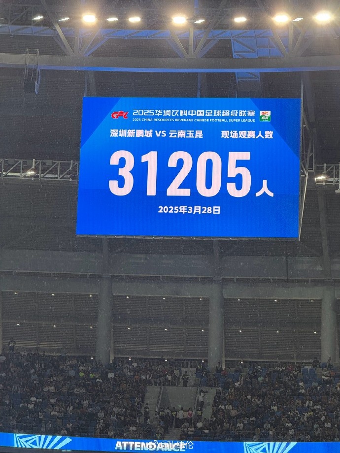  新鵬城新賽季首個(gè)主場(chǎng)現(xiàn)場(chǎng)觀眾31205人，為隊(duì)史最高上座人數(shù)